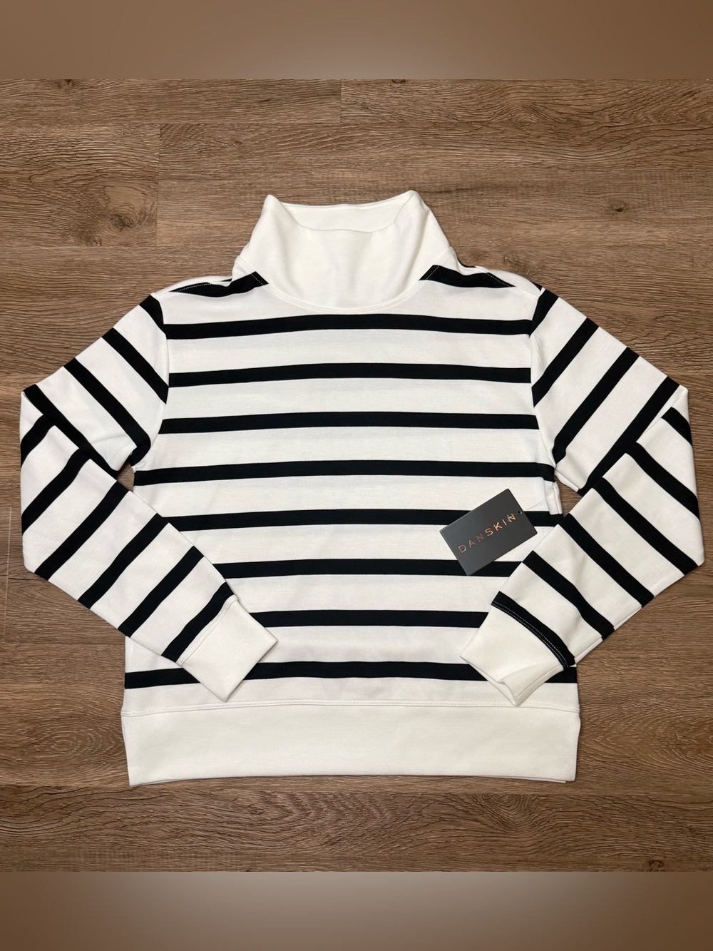 NWT Danskin White & Black Striped Mock Neck Pullover